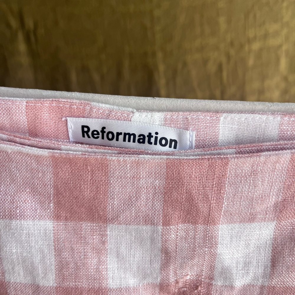 Reformation linen Pink and White Gingham Wrap Mini Skirt - Picture 2 of 5